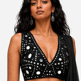 Black hand-embroidered silk skirt set with mirror work blouse, Aina Karée – view 2