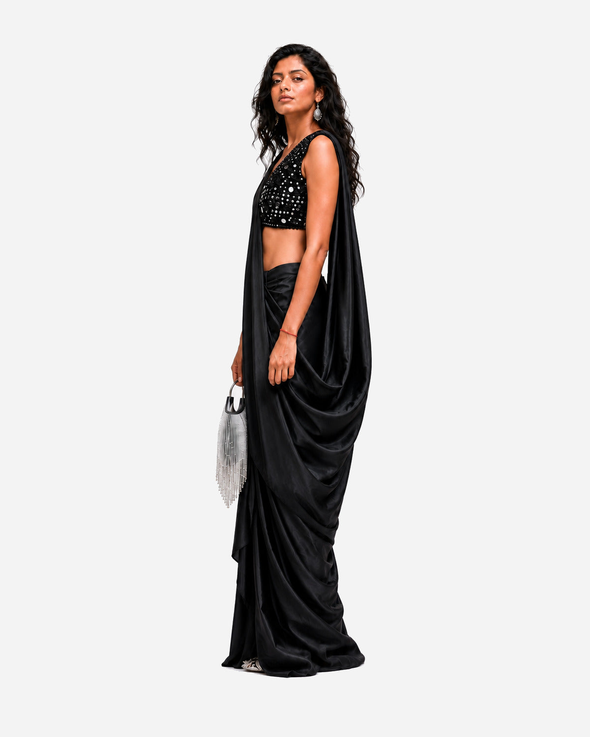 Black hand-embroidered silk skirt set with mirror work blouse, Aina Karée – view 4