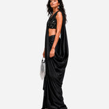 Black hand-embroidered silk skirt set with mirror work blouse, Aina Karée – view 4