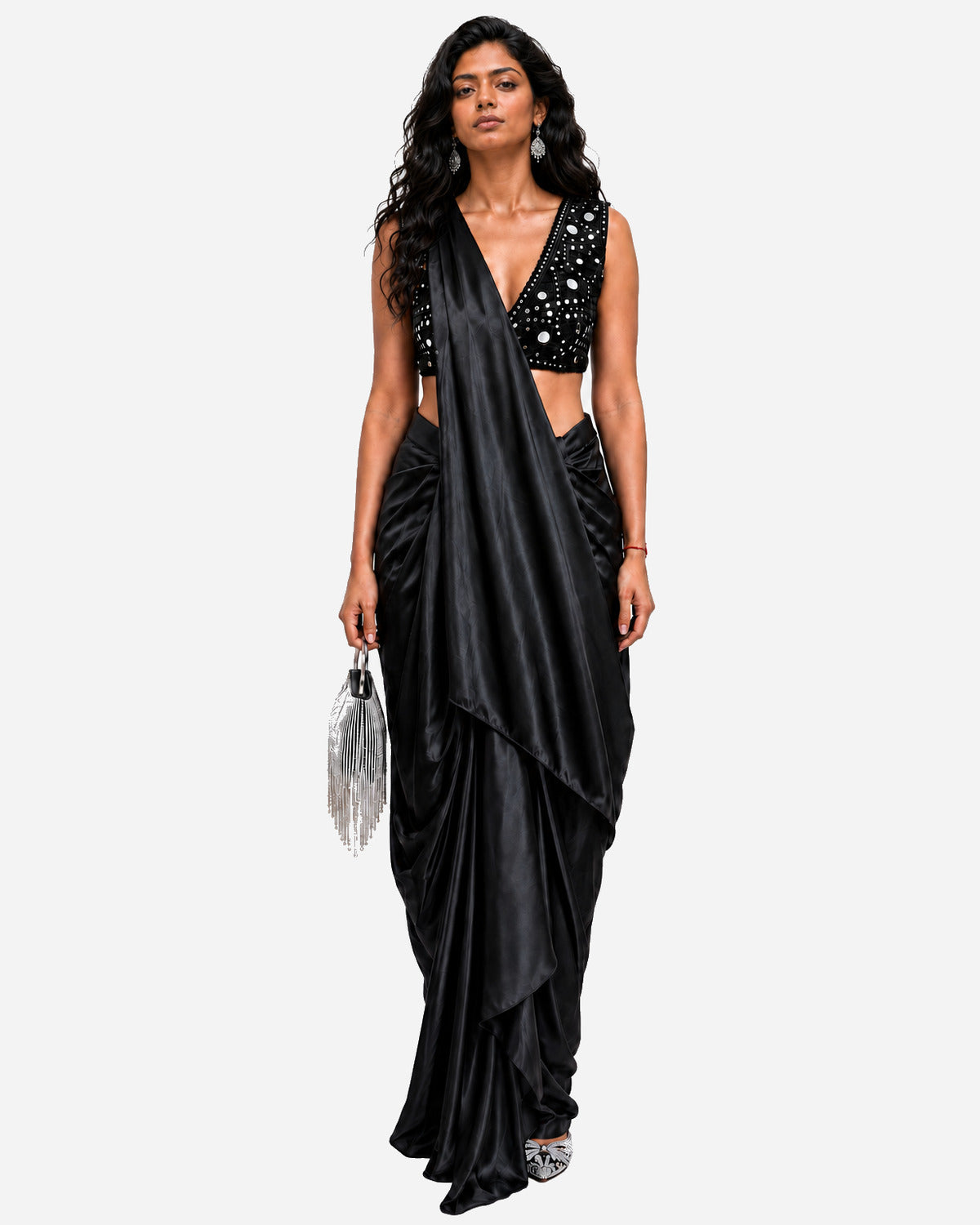 Black hand-embroidered silk skirt set with mirror work blouse, Aina Karée – view 5