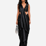 Black hand-embroidered silk skirt set with mirror work blouse, Aina Karée – view 5