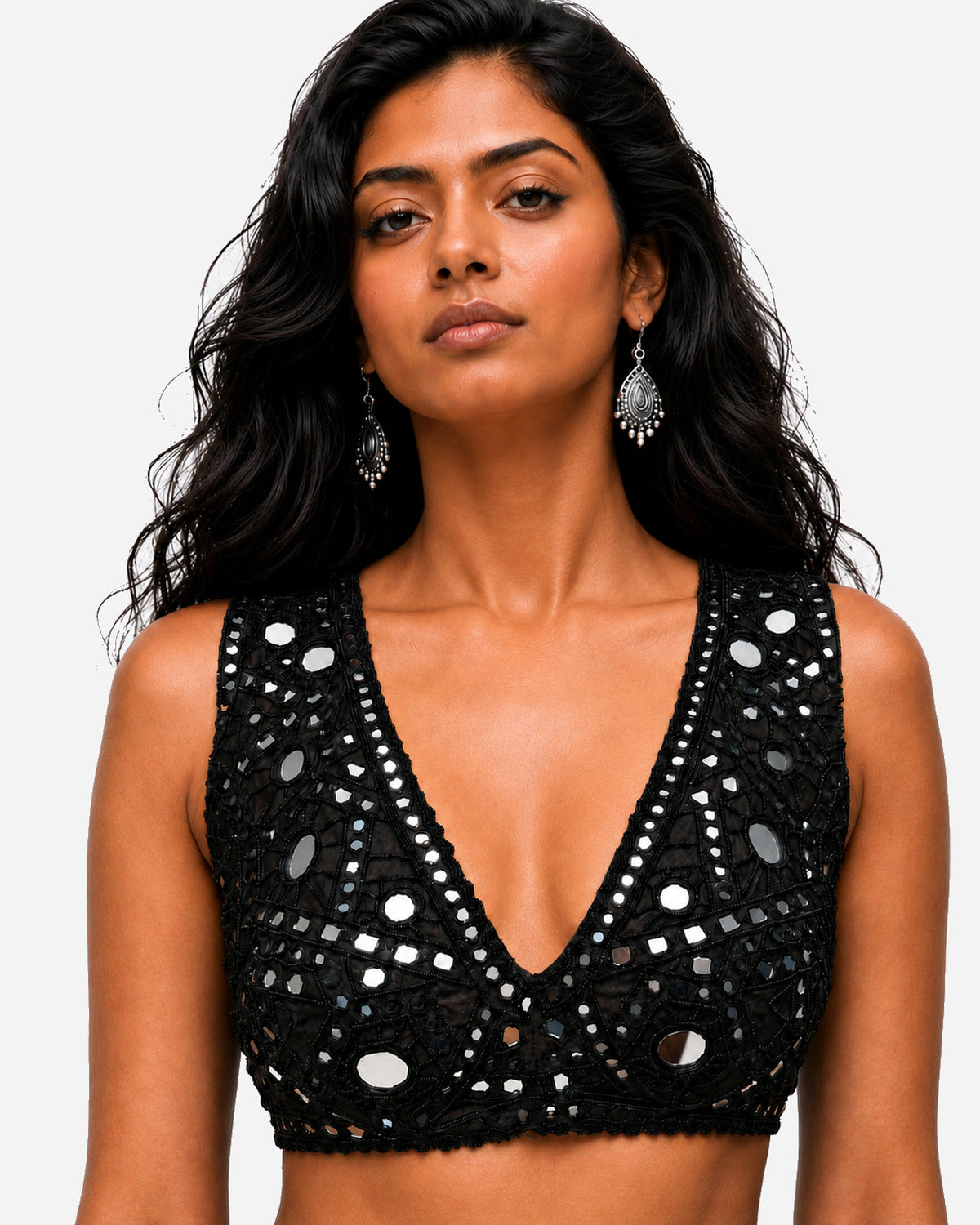 Black hand-embroidered silk skirt set with mirror work blouse, Aina Karée – view 6