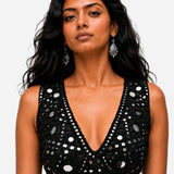 Black hand-embroidered silk skirt set with mirror work blouse, Aina Karée – view 6