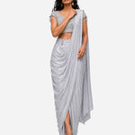 Icy blue mirror work cowl saree with net blouse, Aina Karée