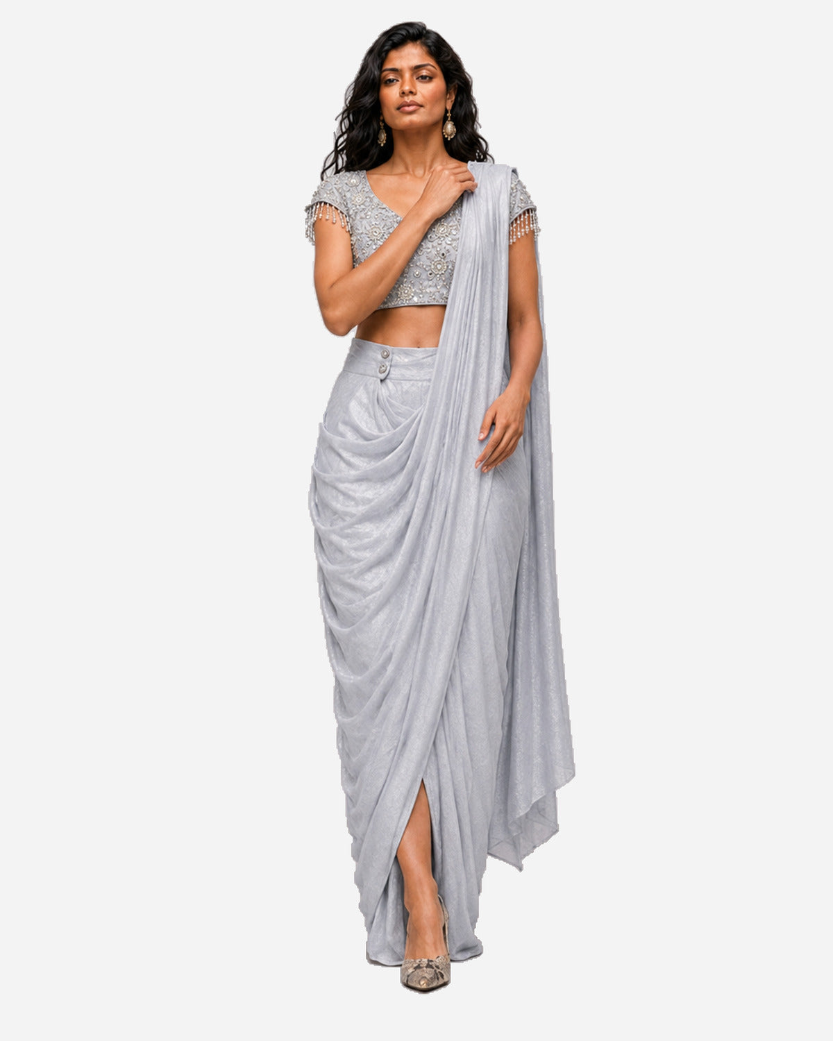 Icy blue mirror work cowl saree with net blouse, Aina Karée