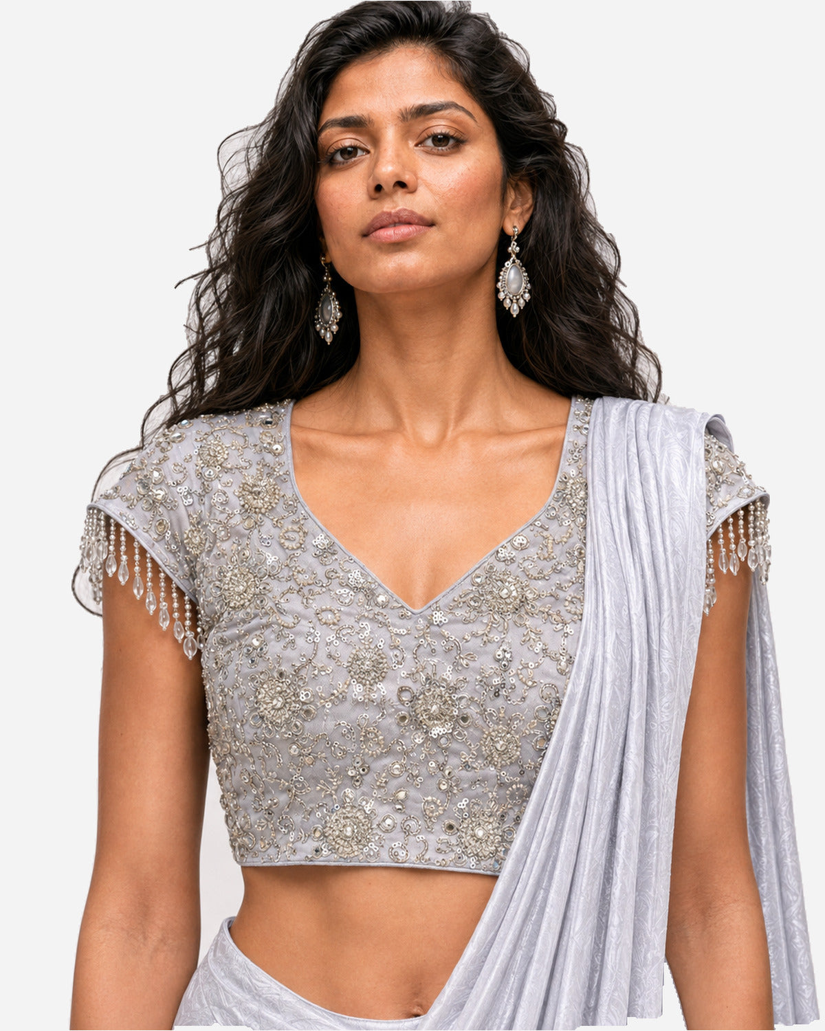 Icy blue mirror work cowl saree with net blouse, Aina Karée – view 2