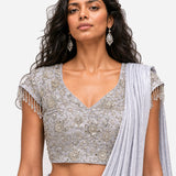 Icy blue mirror work cowl saree with net blouse, Aina Karée – view 2