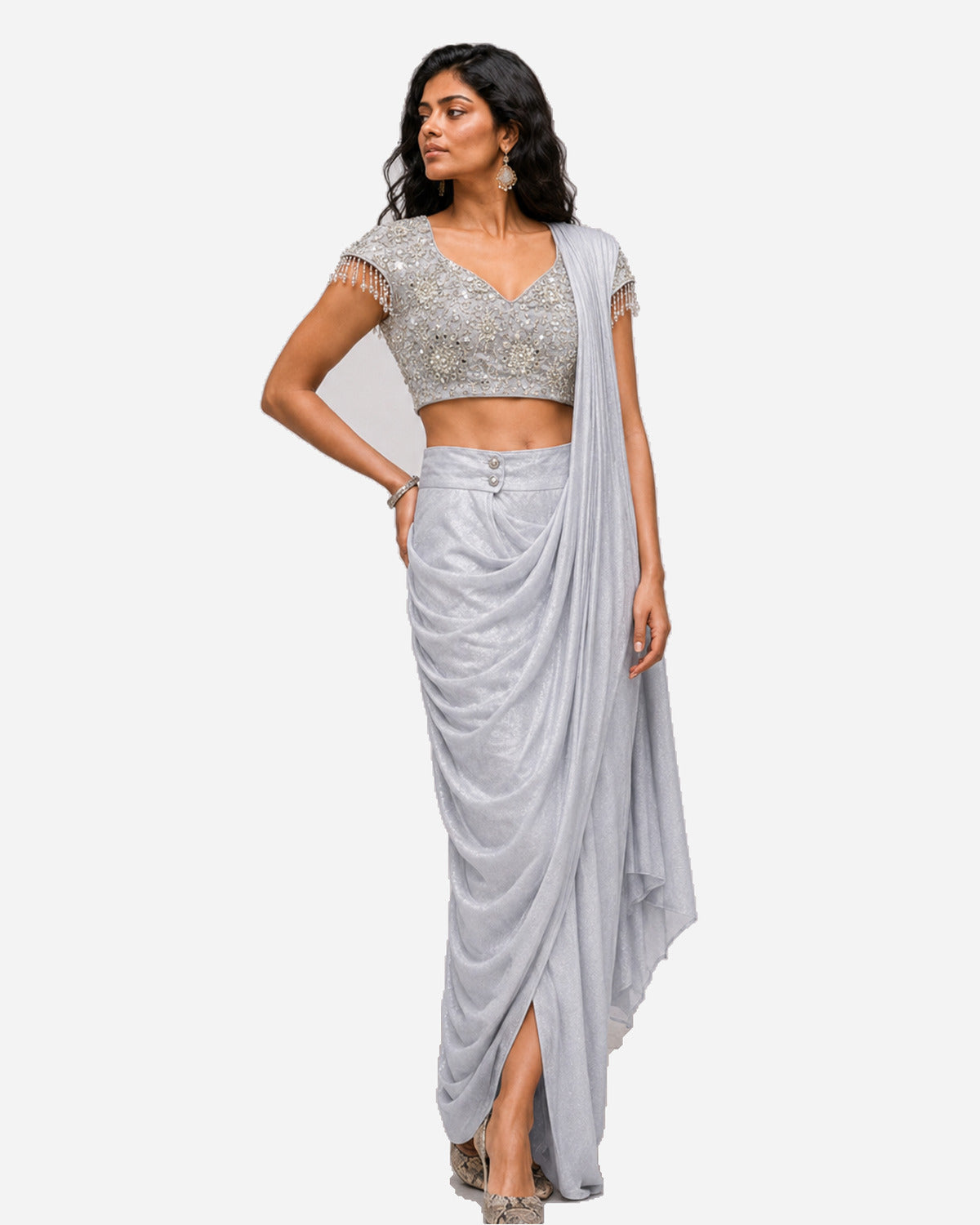Icy blue mirror work cowl saree with net blouse, Aina Karée – view 3
