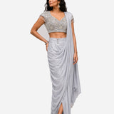 Icy blue mirror work cowl saree with net blouse, Aina Karée – view 3