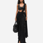 Black teardrop hanging mirror saree with scoop-neck blouse, Aina Karée