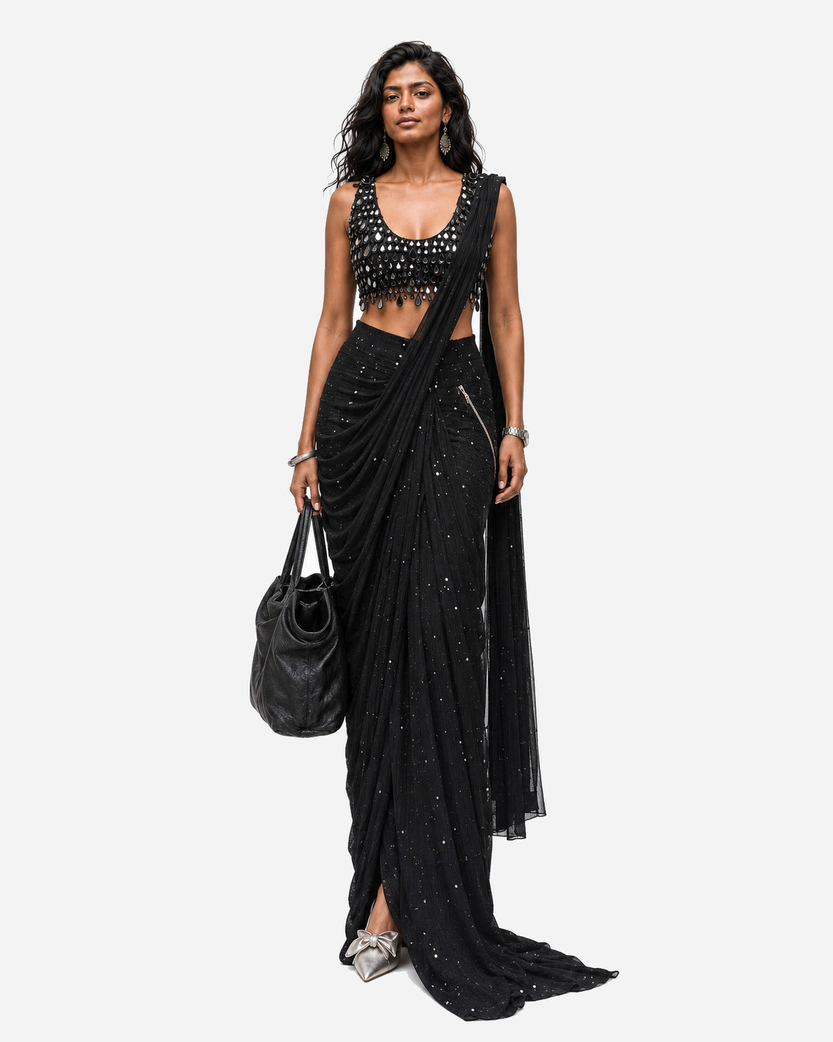 Black teardrop hanging mirror saree with scoop-neck blouse, Aina Karée