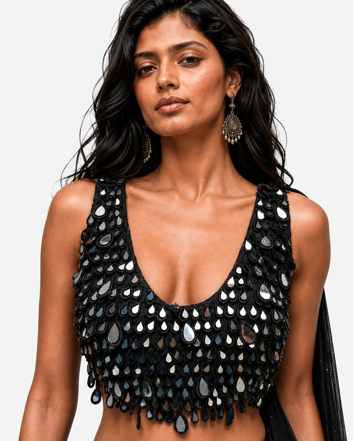 Black teardrop hanging mirror saree with scoop-neck blouse, Aina Karée – view 2