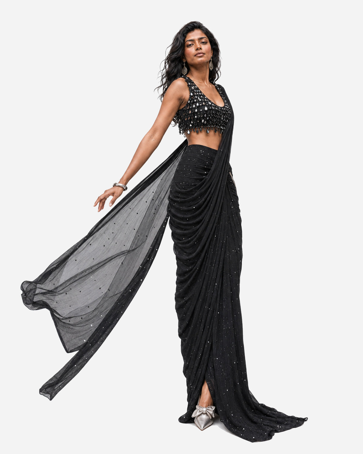 Black teardrop hanging mirror saree with scoop-neck blouse, Aina Karée – view 3