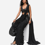 Black teardrop hanging mirror saree with scoop-neck blouse, Aina Karée – view 4