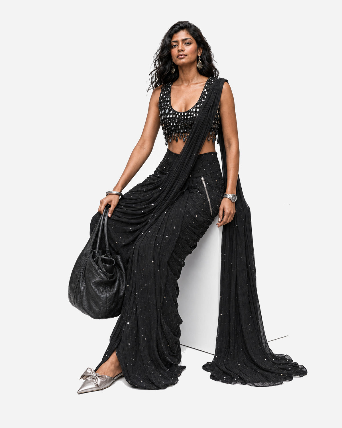 Black teardrop hanging mirror saree with scoop-neck blouse, Aina Karée – view 4