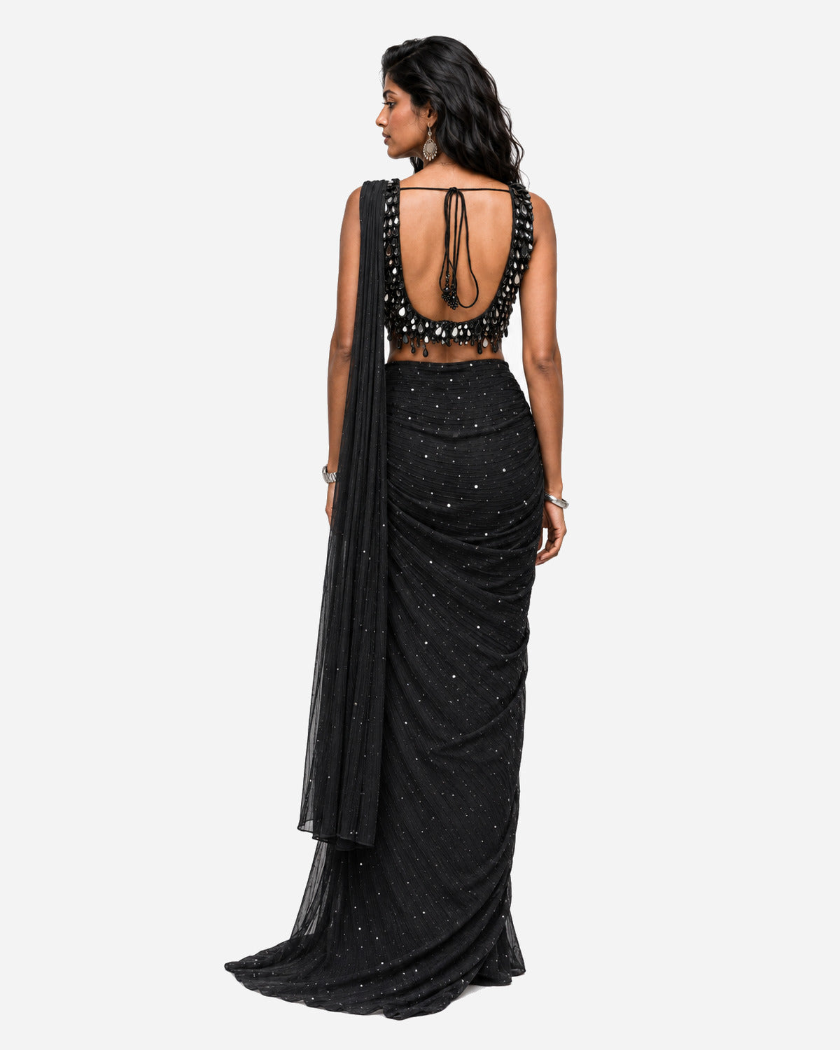 Black teardrop hanging mirror saree with scoop-neck blouse, Aina Karée – view 5