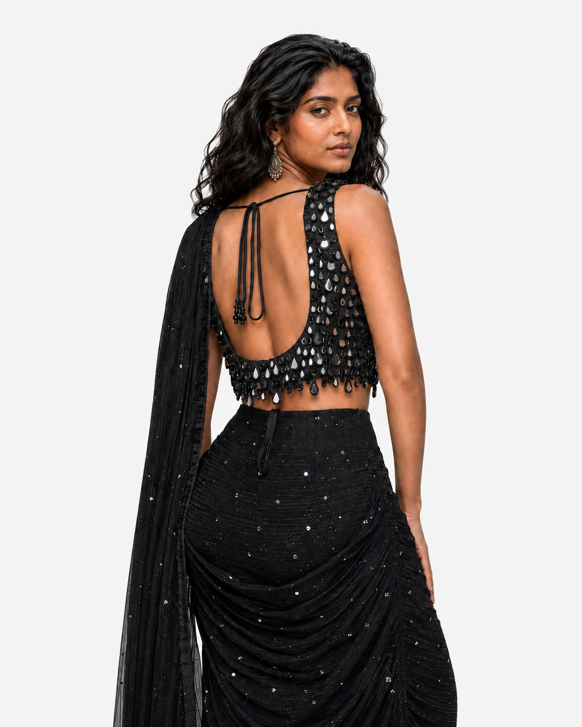Black teardrop hanging mirror saree with scoop-neck blouse, Aina Karée – view 6