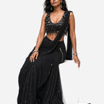 Black teardrop hanging mirror saree with scoop-neck blouse, Aina Karée – view 7