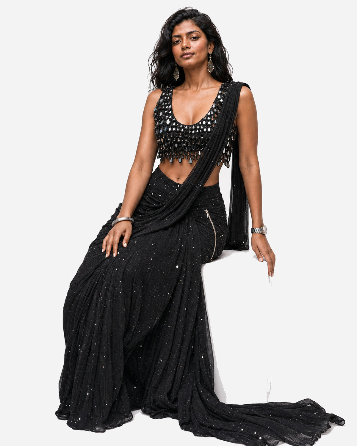 Black teardrop hanging mirror saree with scoop-neck blouse, Aina Karée – view 7