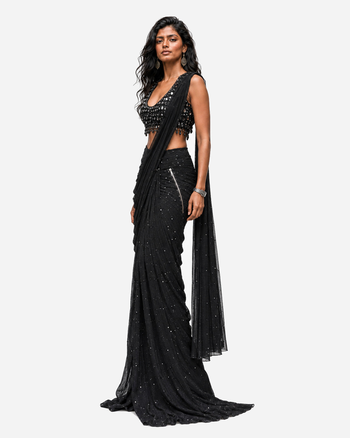 Black teardrop hanging mirror saree with scoop-neck blouse, Aina Karée – view 8