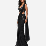 Black teardrop hanging mirror saree with scoop-neck blouse, Aina Karée – view 8