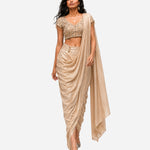 Dull gold mirror work cowl saree with net blouse, Aina Karée