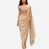 Dull gold mirror work cowl saree with net blouse, Aina Karée