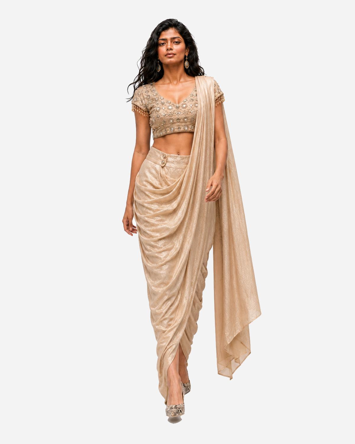 Dull gold mirror work cowl saree with net blouse, Aina Karée