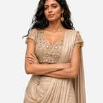 Dull gold mirror work cowl saree with net blouse, Aina Karée – view 2