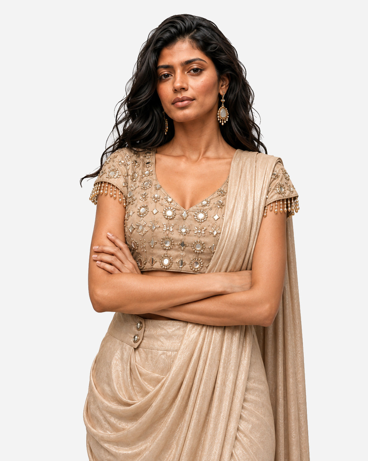 Dull gold mirror work cowl saree with net blouse, Aina Karée – view 2