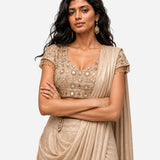 Dull gold mirror work cowl saree with net blouse, Aina Karée – view 2