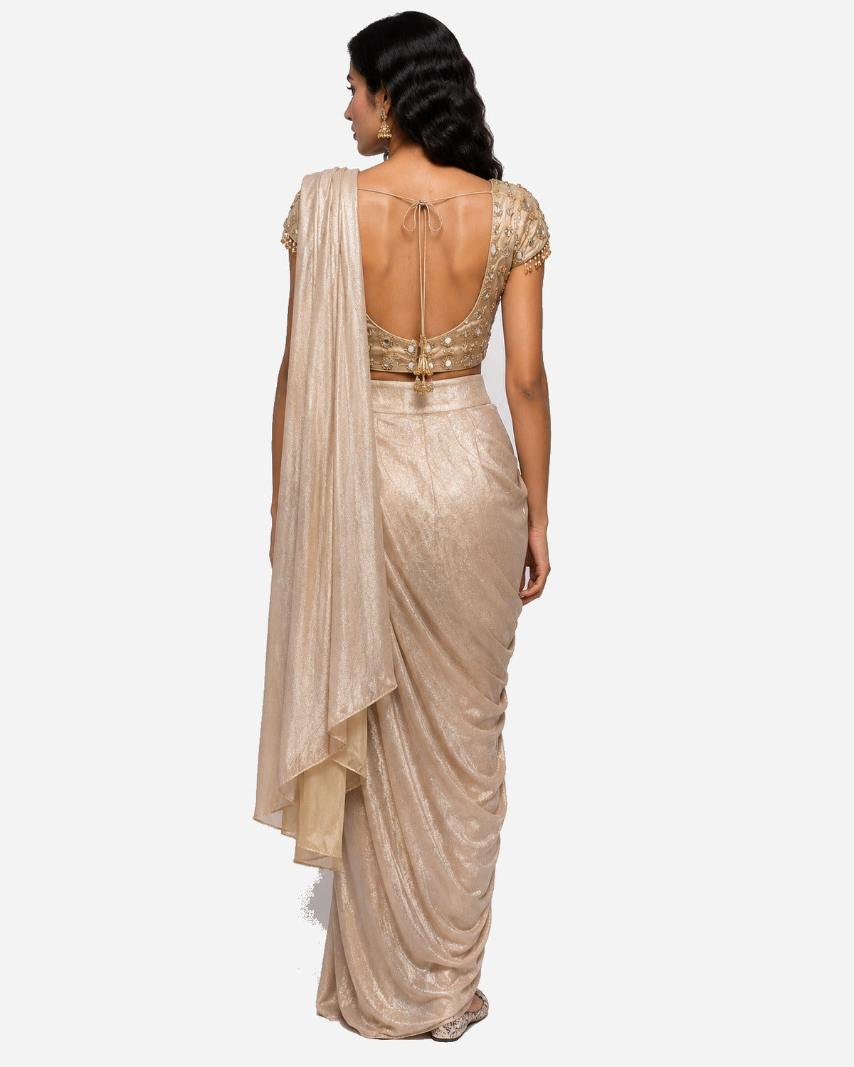 Dull gold mirror work cowl saree with net blouse, Aina Karée – view 3