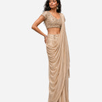 Dull gold mirror work cowl saree with net blouse, Aina Karée – view 4