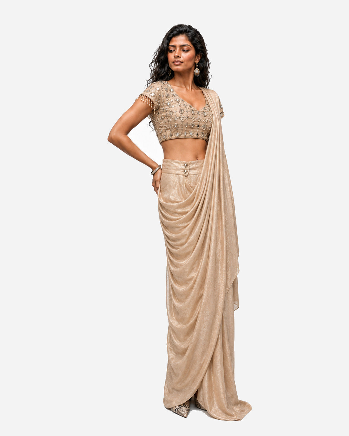 Dull gold mirror work cowl saree with net blouse, Aina Karée – view 4