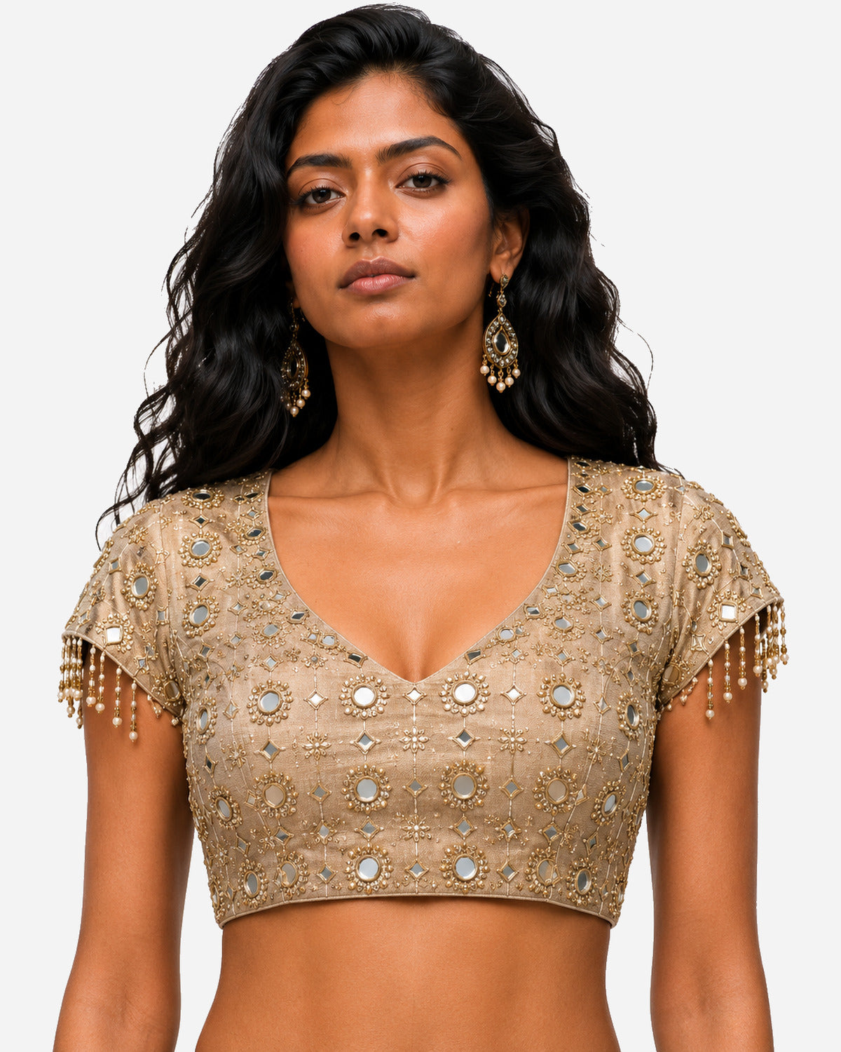 Dull gold mirror work cowl saree with net blouse, Aina Karée – view 5