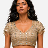 Dull gold mirror work cowl saree with net blouse, Aina Karée – view 5
