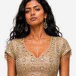 Dull gold mirror work cowl saree with net blouse, Aina Karée – view 6