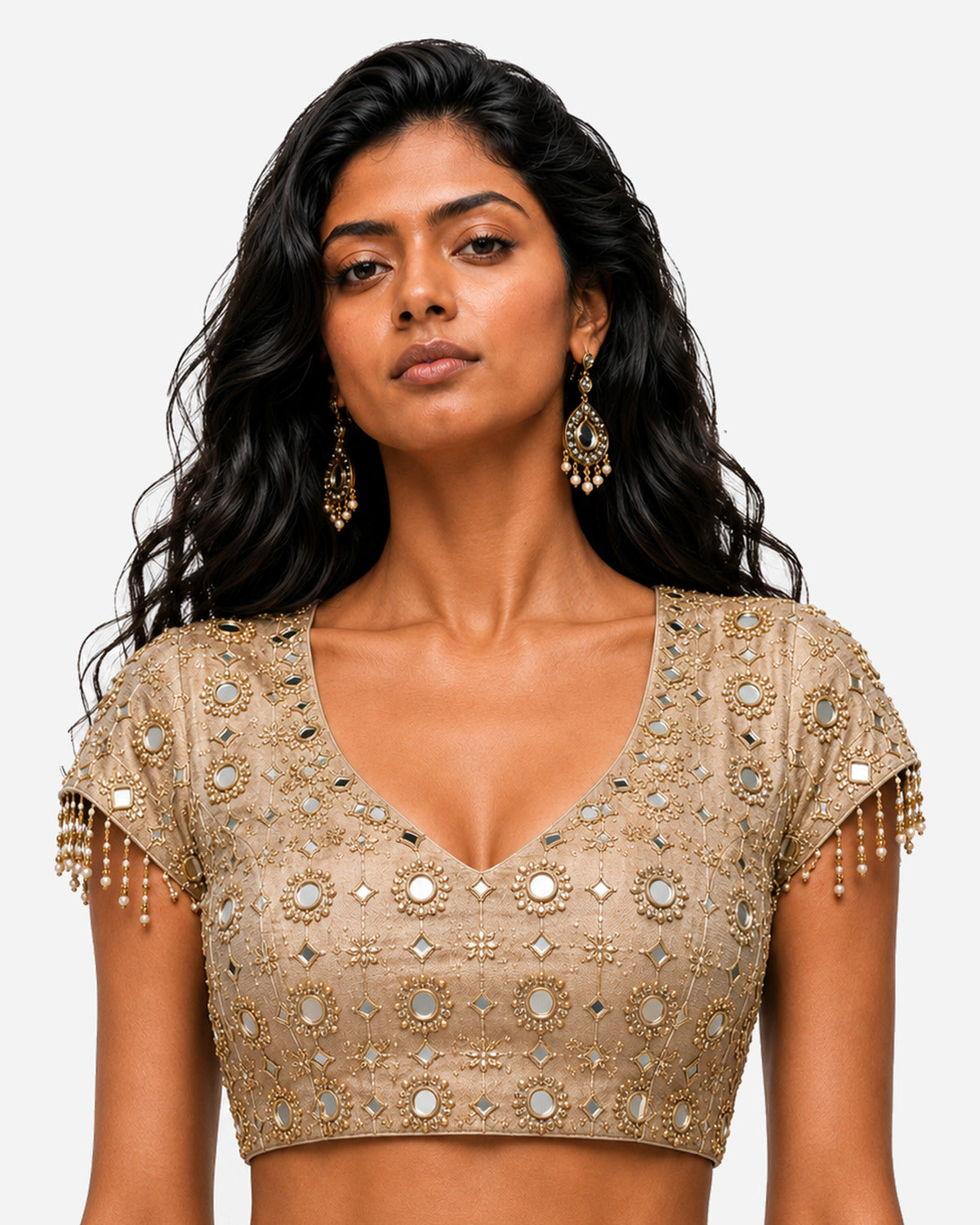 Dull gold mirror work cowl saree with net blouse, Aina Karée – view 6