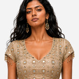 Dull gold mirror work cowl saree with net blouse, Aina Karée – view 6