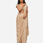 Dull gold mirror work cowl saree with net blouse, Aina Karée – view 7