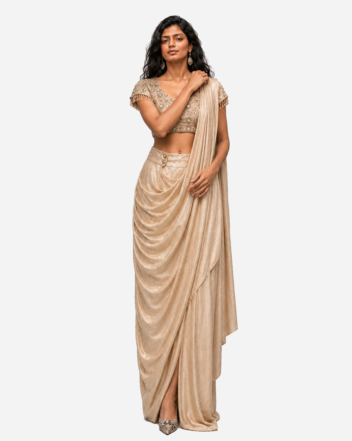 Dull gold mirror work cowl saree with net blouse, Aina Karée – view 7