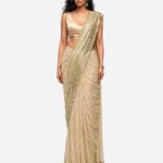 Ivory mirror and sequins pre-draped saree with satin blouse, Aina Karée