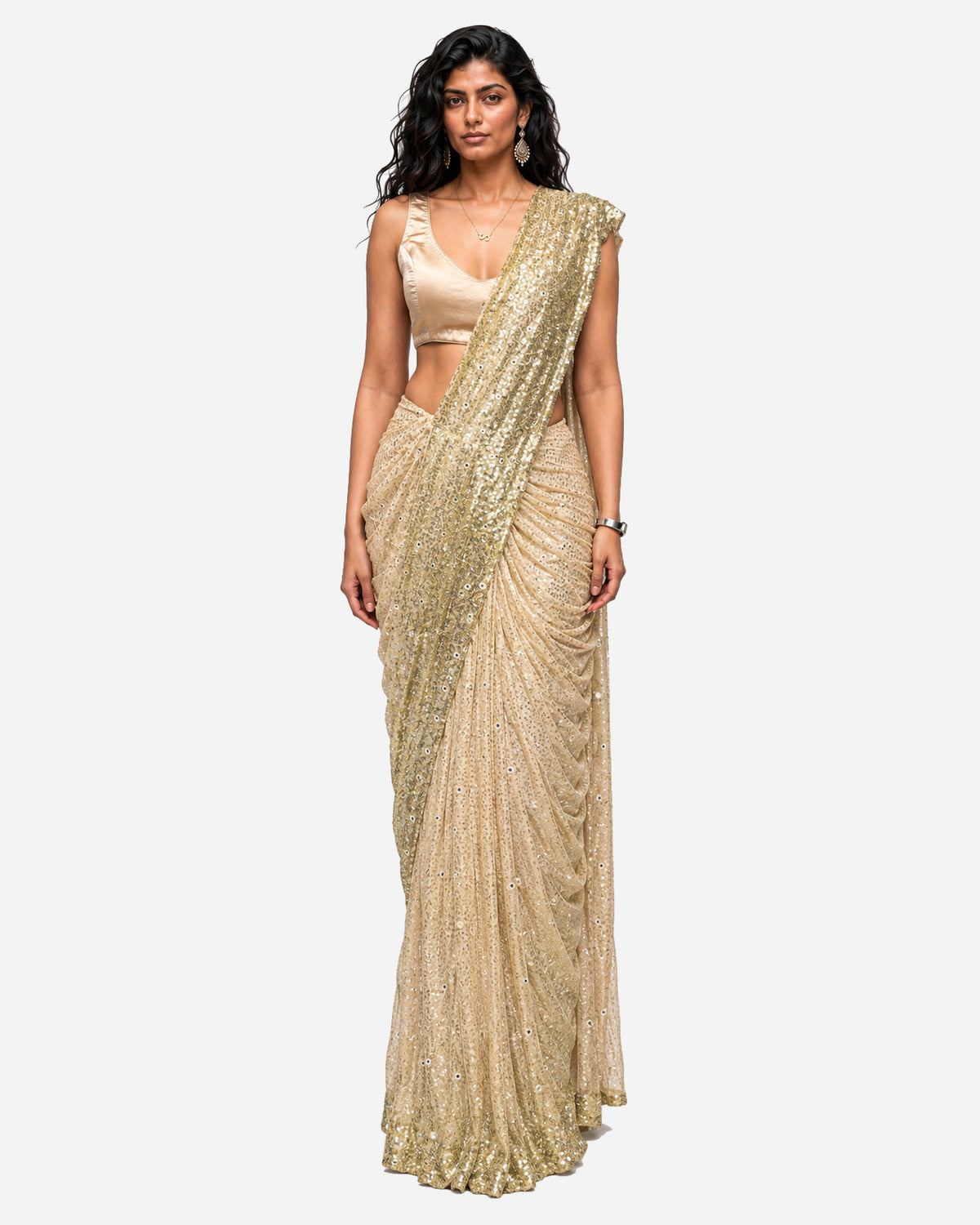 Ivory mirror and sequins pre-draped saree with satin blouse, Aina Karée