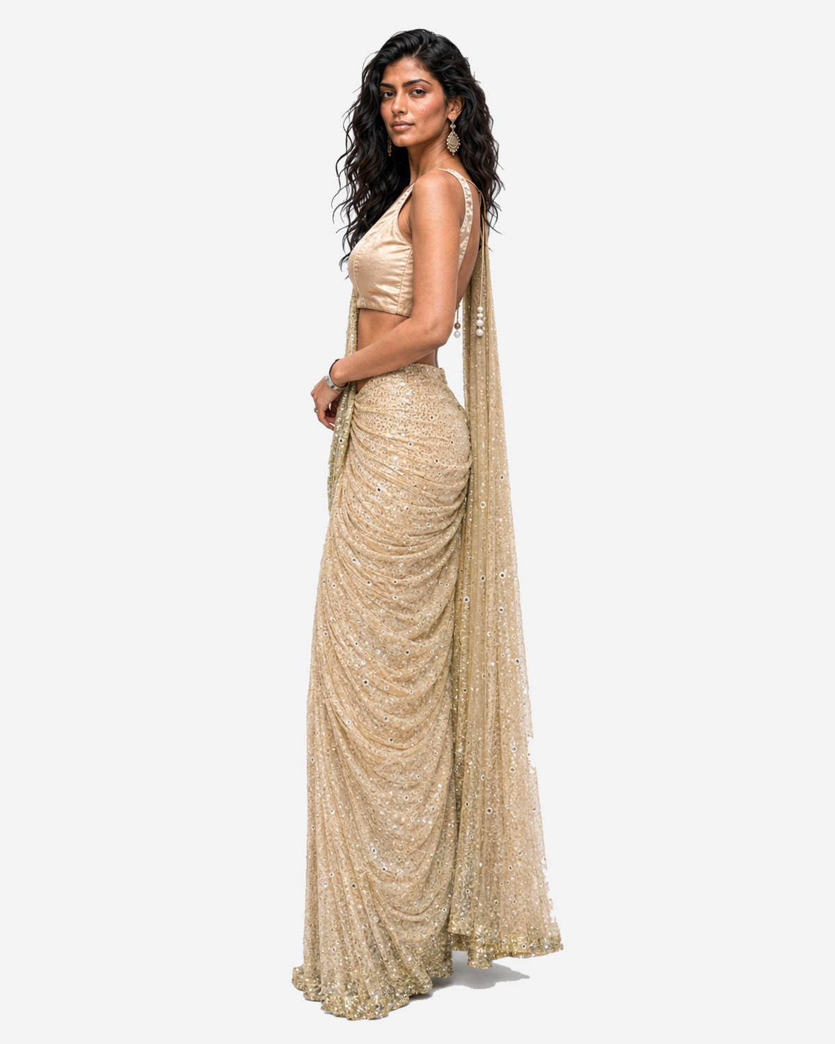 Ivory mirror and sequins pre-draped saree with satin blouse, Aina Karée – view 2