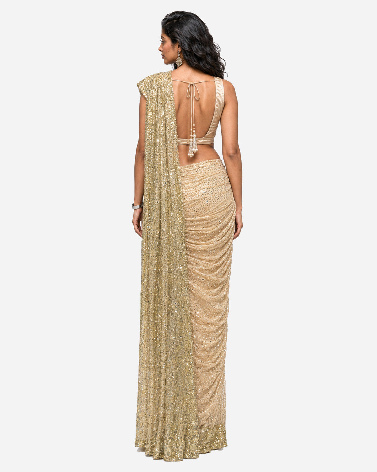 Ivory mirror and sequins pre-draped saree with satin blouse, Aina Karée – view 3
