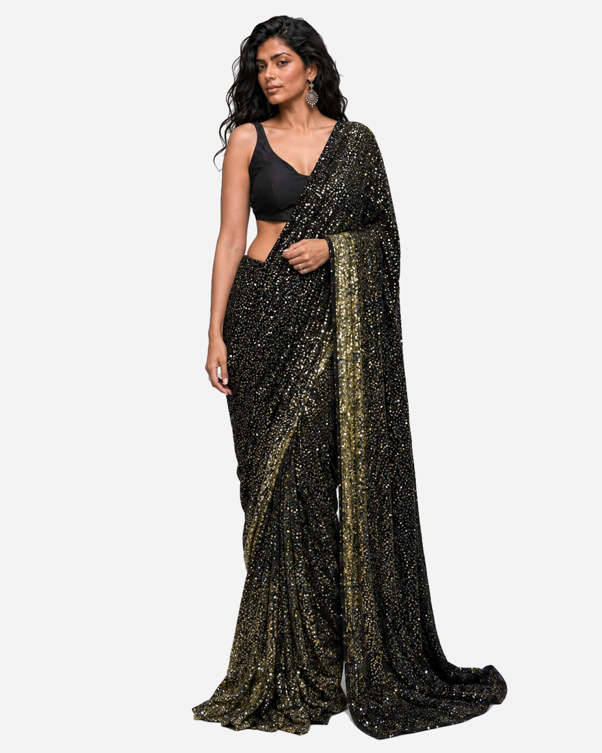 Black mirror and sequins pre-draped saree with satin blouse, Aina Karée