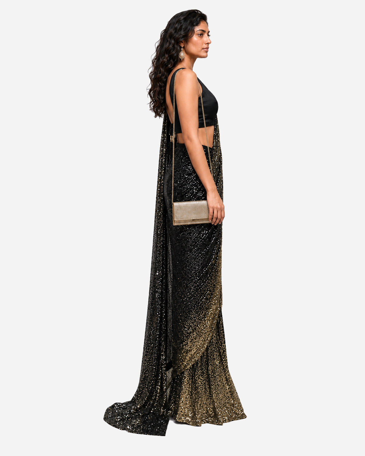 Black mirror and sequins pre-draped saree with satin blouse, Aina Karée – view 2
