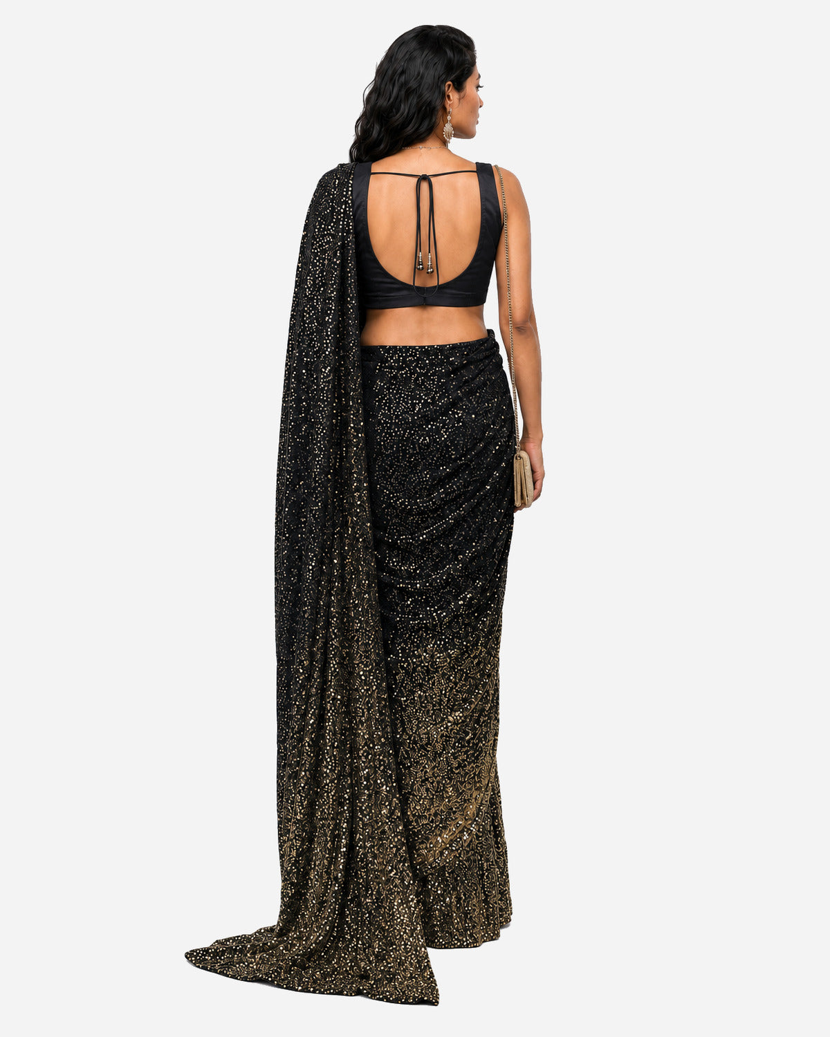 Black mirror and sequins pre-draped saree with satin blouse, Aina Karée – view 3