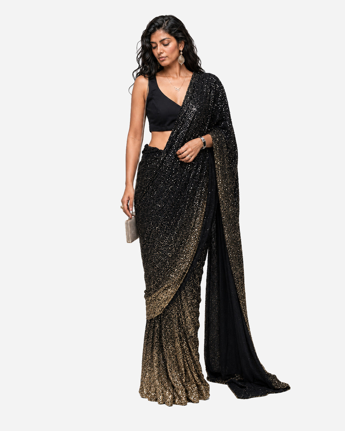 Black mirror and sequins pre-draped saree with satin blouse, Aina Karée – view 4
