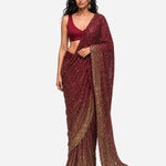 Burgundy mirror and sequins pre-draped saree with satin blouse, Aina Karée